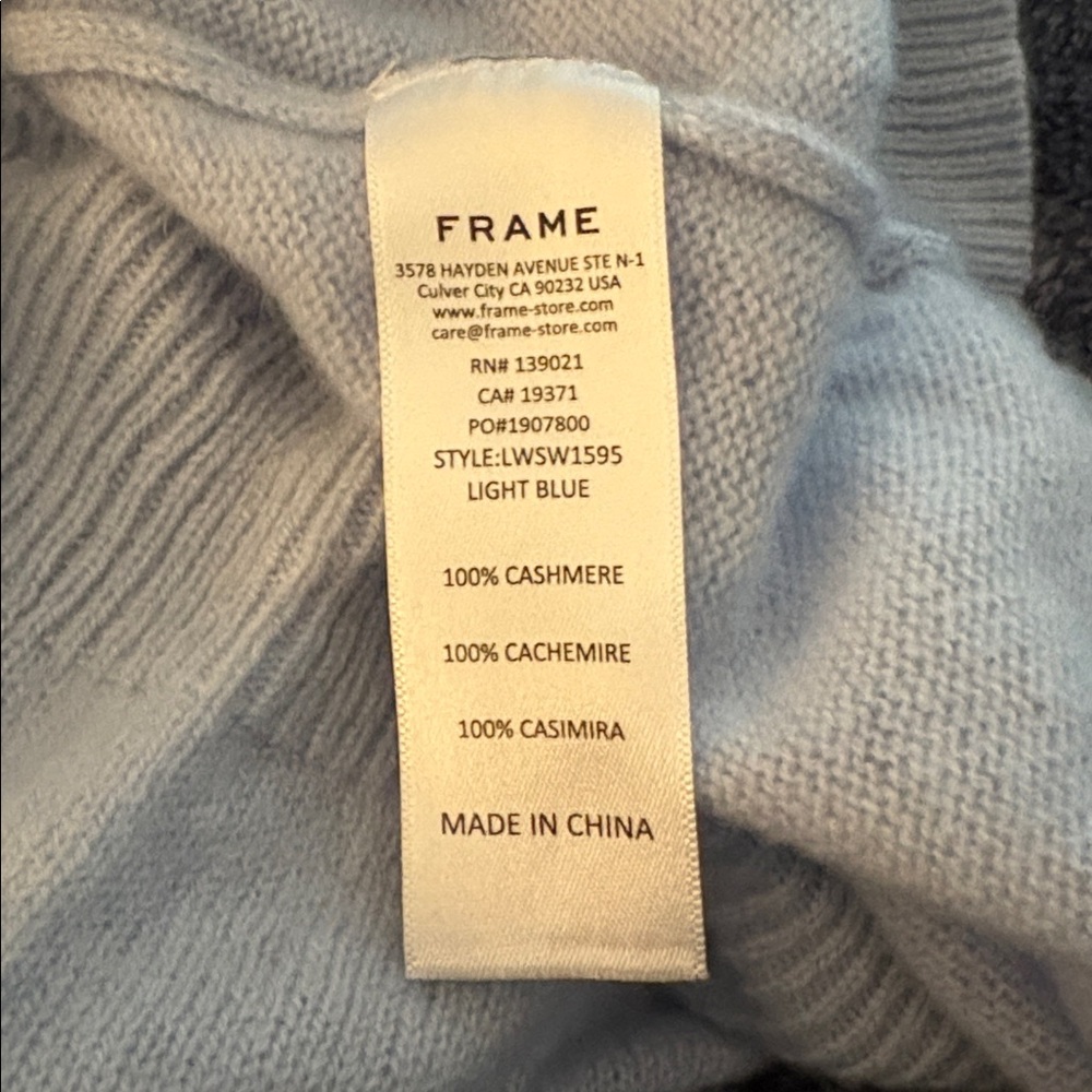 FRAME Ruched Puff Sleeve Light Blue Cashmere Sweater - Picture 6 of 7